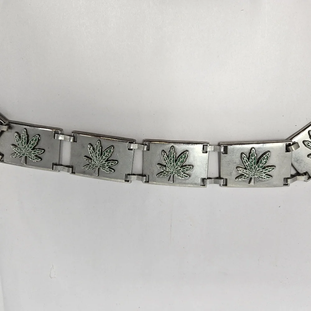 Black Leather Studded XL Mens Belt Linked Silver Tone 3d Green Marijuana Leafs